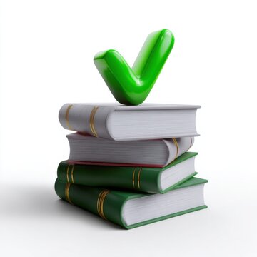 Green check mark on stack of books symbolizing learning and approval