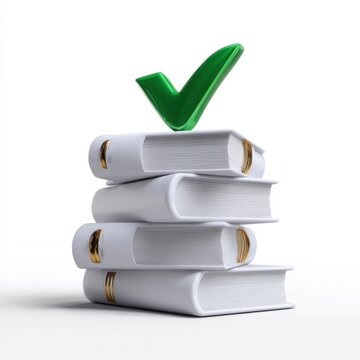 Stack of books with green check mark symbolizing knowledge and approval