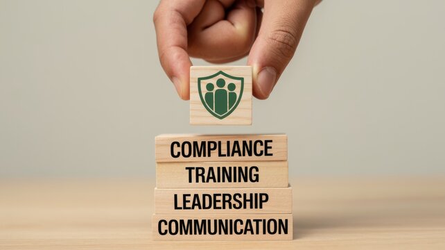 A hand carefully places a block with a shield symbol onto a stack representing compliance training leadership and communication