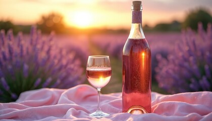 Rose wine glass and bottle rest on cloth in lavender field at sunset. Romantic picnic outdoors with floral background. Summer mood vacation getaway or tour. Provence France rural scenery.