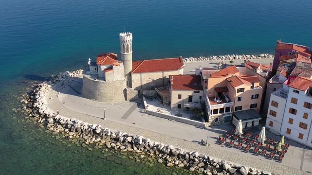 Piran lighthouse and harbor, Slovenia.