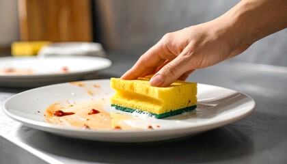 Hand cleaning dirty plate with sponge in kitchen.