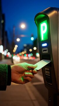 A Parking Meter Illuminated at Night, Showing Available Status with a Vibrant Background of City Lights and Evening Traffic
