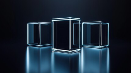 Three illuminated glass cubes arranged artistically on a reflective surface in a dark setting