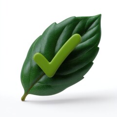 Green checkmark symbol on leaf - eco-friendly approval concept