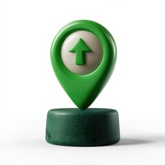 Glossy green location pin with upward arrow symbol on stand