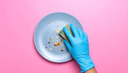 Hand in blue glove cleaning dirty plate with sponge.