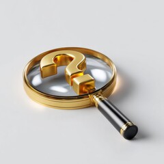 Golden magnifying glass with question mark on white background