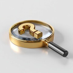Golden question mark inside magnifying glass on light background
