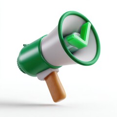 Green megaphone with check mark icon and wooden handle