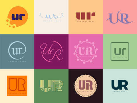 UR logo company template. Letter u and r logotype. Set different classic serif lettering and modern bold text with design elements. Initial font typography.