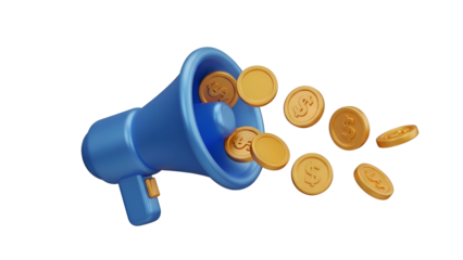 Blue Megaphone Emitting Gold Coins.