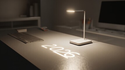 Modern workspace featuring a sleek lamp illuminating the year 2026 on a desk with a computer