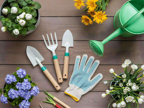 Gardening tools and colorful flowers arranged on a wooden table background