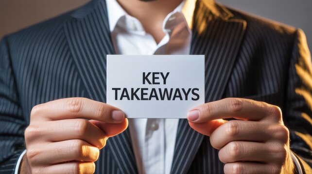 A sharply dressed professional is presenting a white card with the text key takeaways clearly visible to the viewer emphasizing important information