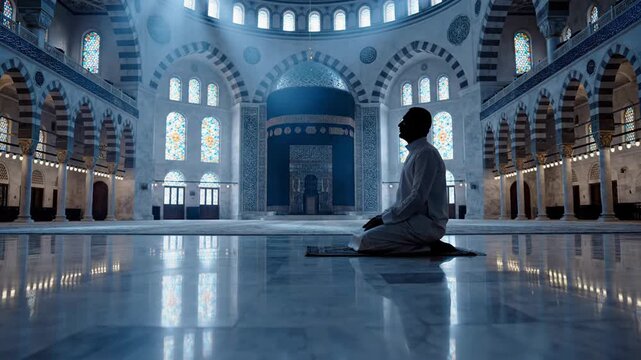 A dramatically lit muslim man praying in serene solitude, finding spiritual release from a worldly prison within the vast mosque.