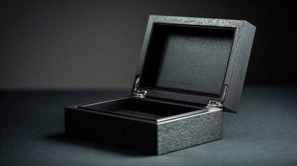Elegant black wooden box with an open lid on a dark surface, showcasing its interior design