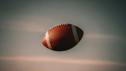 A classic brown American football floating dramatically against a gradient background with soft, warm lighting. Perfect for themes of sports, competition, and the anticipation of Super Bowl Sunday an