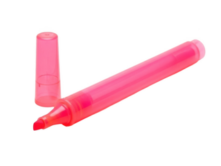 Translucent pink highlighter pen with cap removed and lying on its side isolated on a transparent background