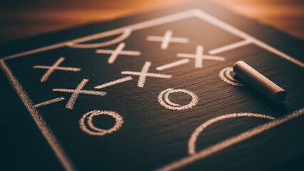 A dramatic close-up of a football strategy play, marked with Xs and Os in chalk on a dark board. This game plan symbolizes teamwork, preparation, and the high stakes of Super Bowl Sunday and champion