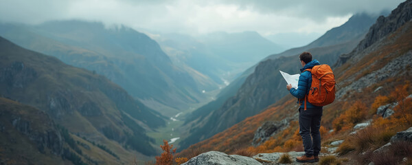 Man stands on mountain summit exploring map. Hiker with backpack checks route planning next adventure. Person studies travel directions on hiking trip. Outdoor recreation lifestyle exploration.