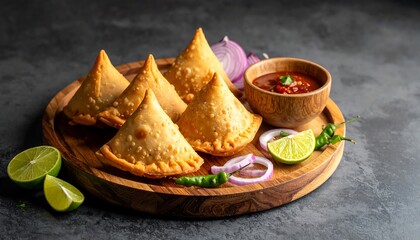 Delicious Samosas with Chutney and Lime on Wooden Plate.