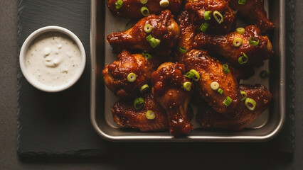 Delicious sticky BBQ chicken wings topped with fresh scallions, served hot on a metal tray with creamy ranch dressing on the side. The perfect appetizer for Super Bowl Sunday game day parties and spo