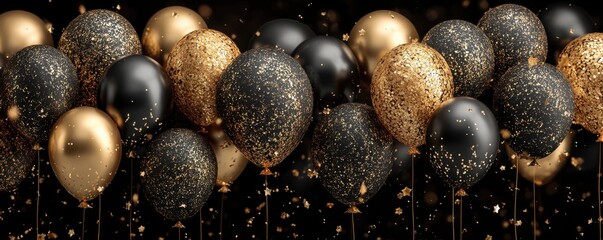 Black and gold balloons with glittering specks create a luxurious festive celebration backdrop