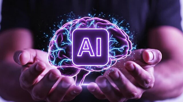 A person holding a glowing AI logo in their hands, symbolizing innovation and technology in a video about artificial intelligence. Connectioneering concept Footage
