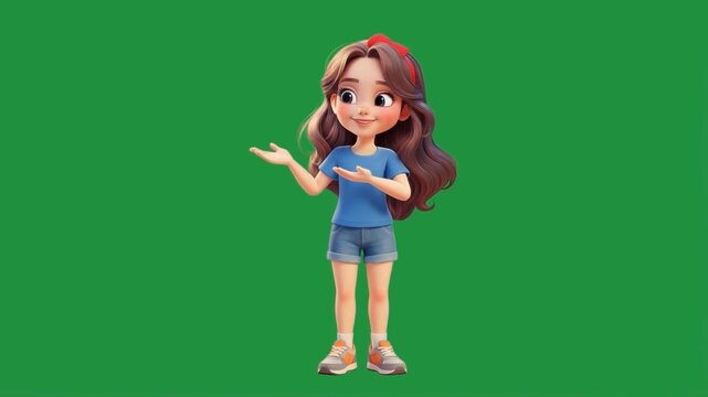 cartoon 3D girl pointing left with both hands on green screen background 