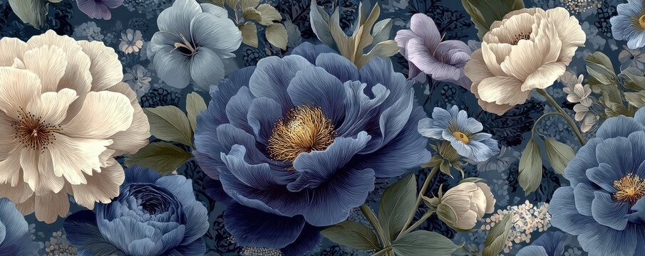 Beautiful floral pattern in the style of Claude Monet with blue and beige blooms for decorative use