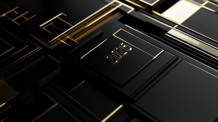 Abstract composition of black and gold geometric shapes with an engraved year 2026, showcasing modern design