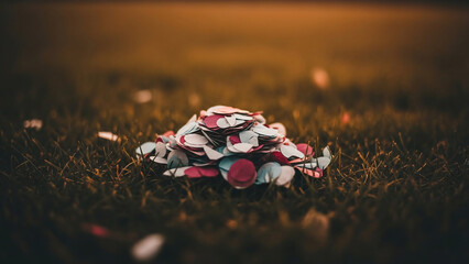 A discarded pile of celebratory red, white, and blue confetti rests on the dark grass of a field, symbolizing the aftermath of a major event like Super Bowl Sunday, graduation, or a championship vict