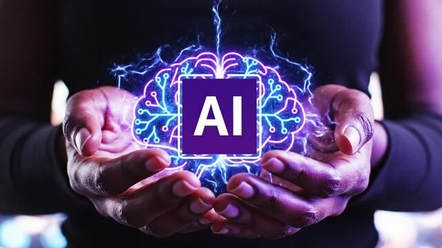 A person holding a glowing AI logo in their cupped hands in a futuristic video Connectioneering concept Footage