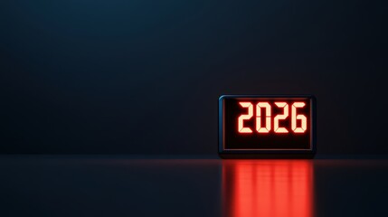 Digital clock displaying the year 2026 against a dark background, reflecting on the surface