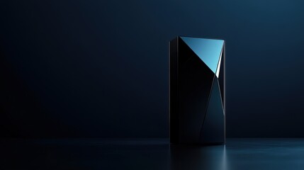 Sleek black geometric object illuminated against a dark background, showcasing modern design
