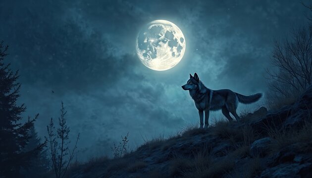 Wolf stands under large moon in dark night. Wild animal observes nature in forest. Predator looks around mystical landscape. Canine watches the moon with glowing light at night. Surreal scenery.