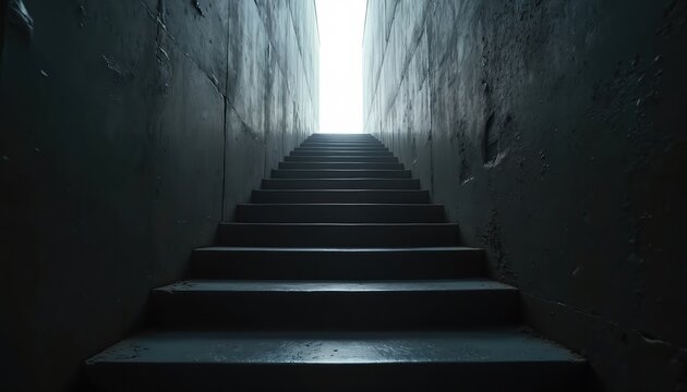 Dark stairs ascend into bright light. Concrete walls define a narrow passage leading upwards. Empty hallway offers a journey into the unknown, symbolizing progress, hope, or a new beginning.