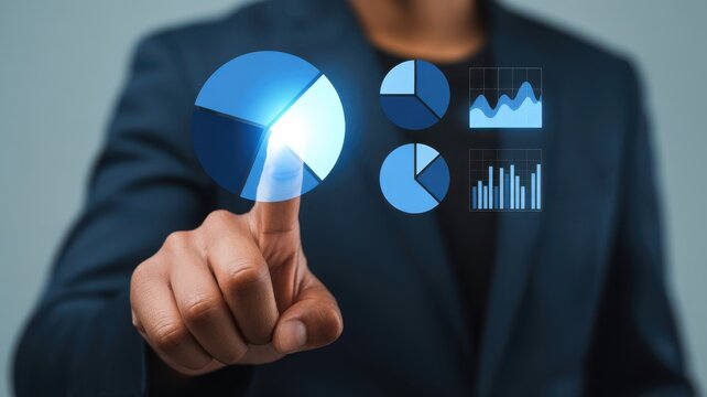 A professional individual interacts with a glowing digital interface displaying data analysis charts including pie charts and graphs - Powered by Adobe