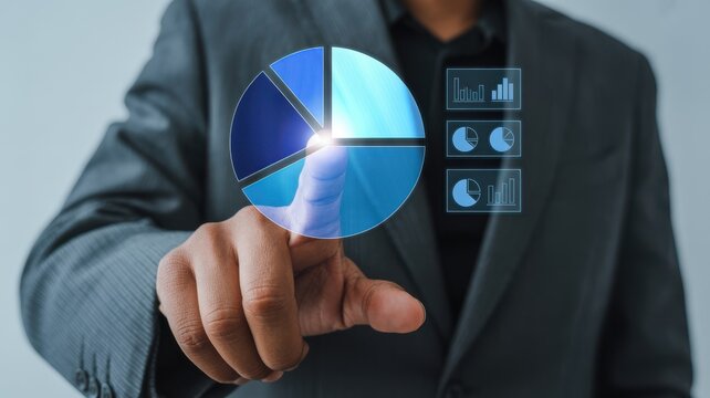 A businessman interacts with a glowing holographic pie chart displaying data analysis and business intelligence insights representing market trends - Powered by Adobe