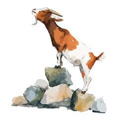 Majestic Goat Standing on Rocks Vector Illustration.