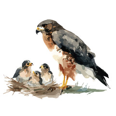 Majestic Hawk Protecting Chicks in Nest Wildlife Family Illustration.