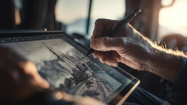 A close up of an artist&rsquo;s hand sketching a detailed cityscape on a digital tablet with a stylus, illuminated by warm natural light. Modern creativity meets digital technology