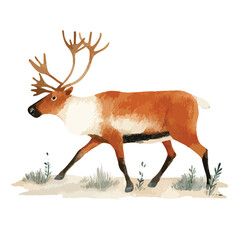 Majestic Reindeer Illustration Walking Watercolor Style.