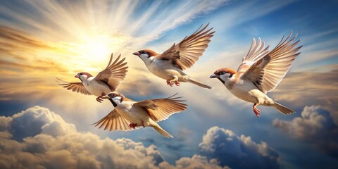 Fototapeta premium A Flock of Small Birds Soars Through a Dramatic Sky Bathed in Golden Sunlight