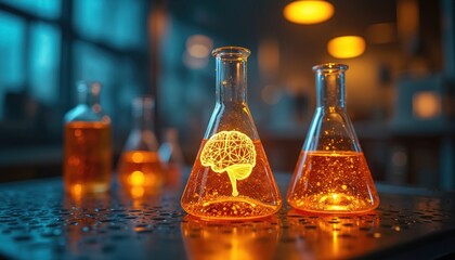 Glowing brain in science flask. Research experiment with orange liquid in modern lab setting. Futuristic concept for medical discovery and innovation.