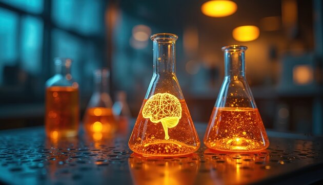 Glowing brain in science flask. Research experiment with orange liquid in modern lab setting. Futuristic concept for medical discovery and innovation. - Powered by Adobe