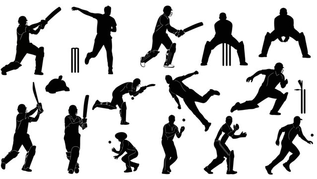 Silhouettes of cricket players in various actions on a white background