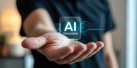 A person thoughtfully presents a glowing futuristic smartphone displaying ai generative technology illustrating innovation and digital advancements in a modern context