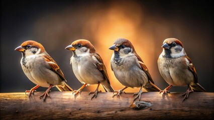 Fototapeta premium A quartet of small brown and grey feathered birds perched together on a rustic wooden surface in soft lighting